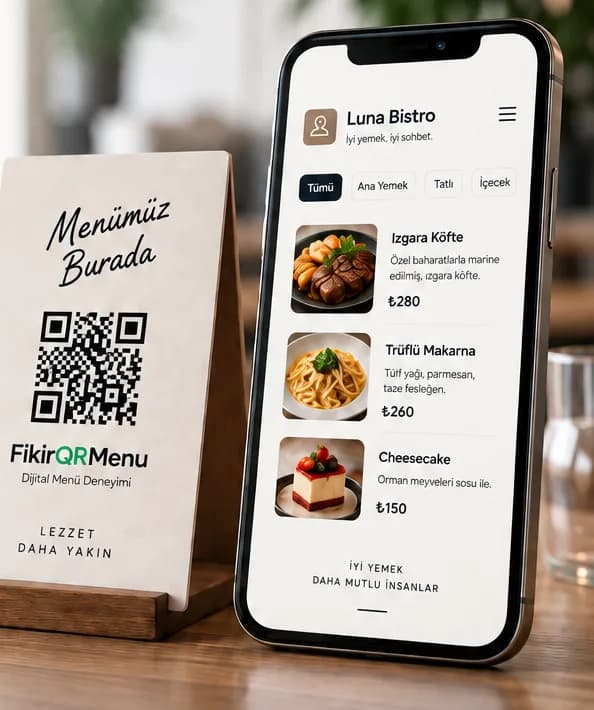 Fikir QR Menü için telefon menüsü ve masa üstü QR standını gösteren konsept tanıtım