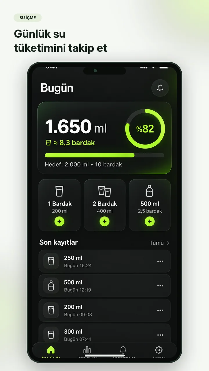 Günlük su kaydı ve hızlı ekleme seçeneklerini anlatan tanıtım maketi